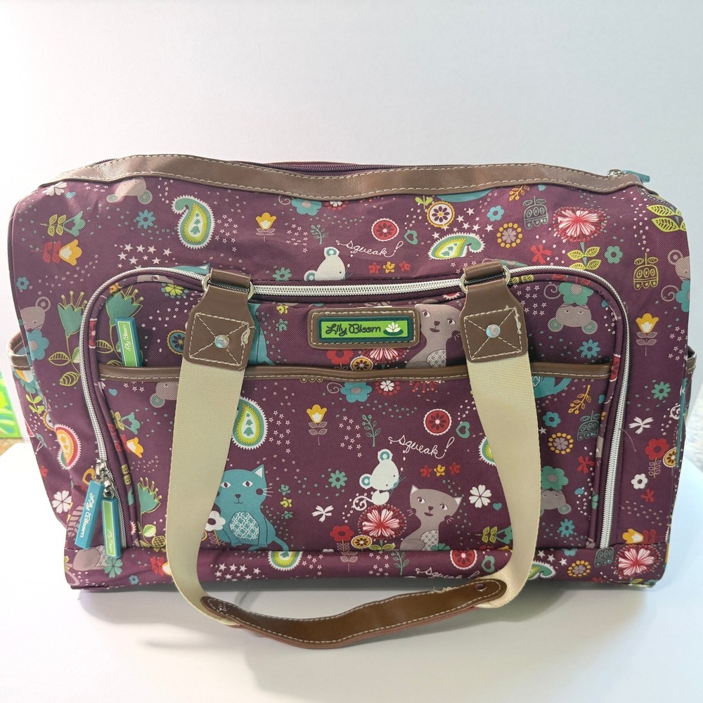 Lily Bloom Purple Cat Mouse Floral Duffel Bag Weekend Travel Trolley Sleeve